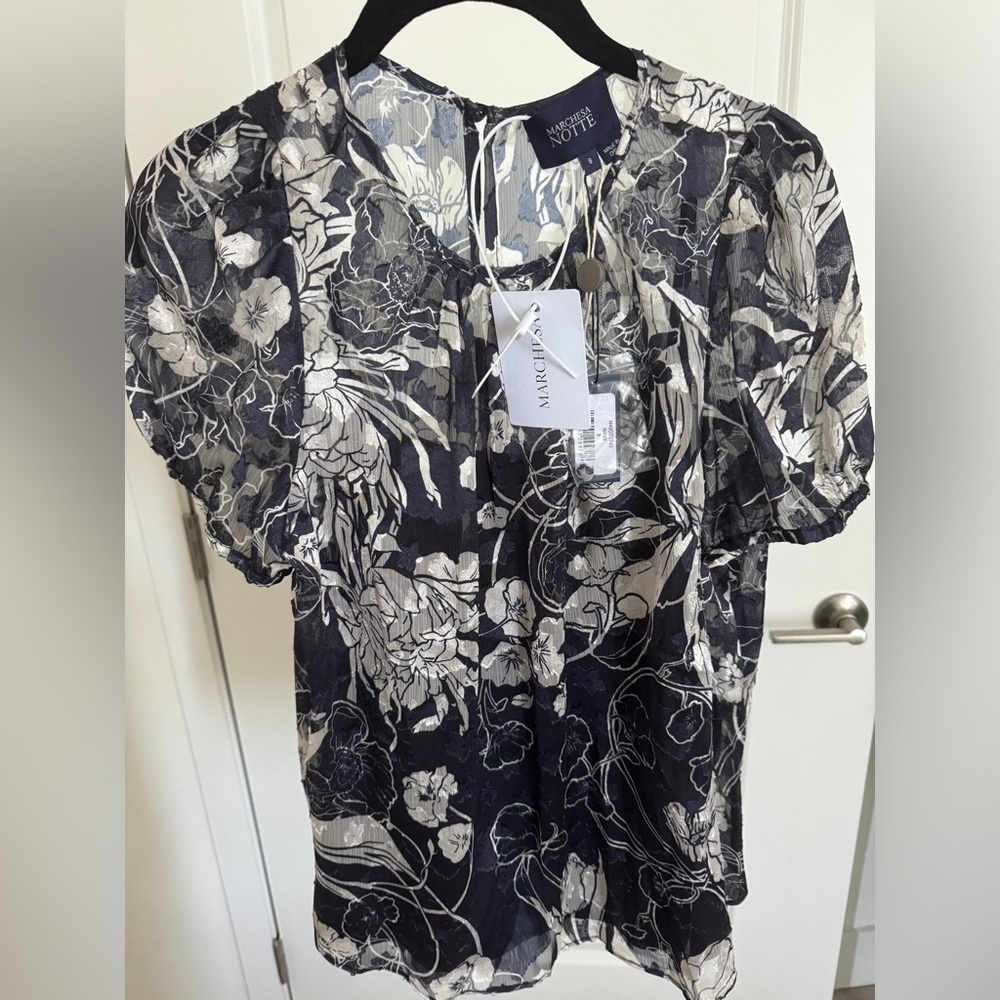 MARCHESA NOTTE Floral-print fil coupe chiffon top 
Midnight blue
Size 8